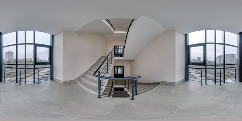hdri 360 panorama view on stairs in empty modern hall with doors and panoramic windows in...