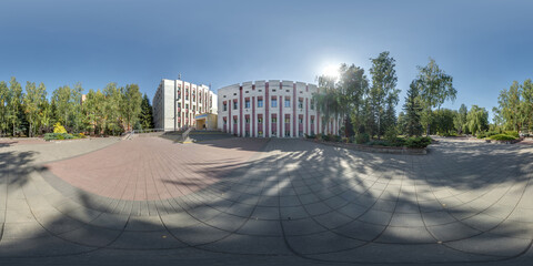 seamless spherical hdri 360 panorama view on square with trees near residential area with...