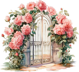 Garden wedding arch of tender flowers, branches and leaves. Hand painted watercolor illustration.