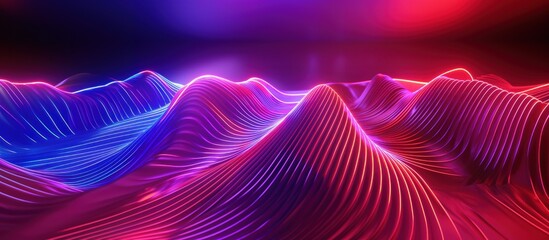 Neon glowing lines, waves, circles. Bright, purple, abstract background for advertising music, radio, speed, technology. - 742440535