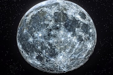 the Moon in its full phase, focusing on the brilliant detail across its entire face, with visible craters, maria, and rays, set against the backdrop of space