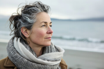 Graceful Aging: Smiling Senior Woman with Gray Hair Enjoying Tranquility at the Seaside - 742441196