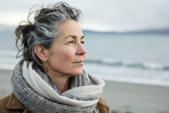 Graceful Aging: Smiling Senior Woman with Gray Hair Enjoying Tranquility at the Seaside