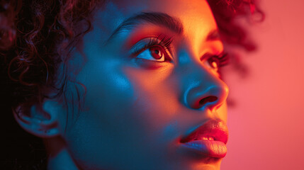 Neon Glow - Profile of a Young Woman with Vibrant Blue and Red Lighting