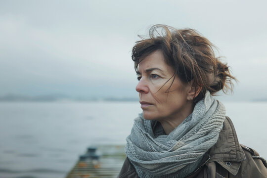 Contemplative 40-Year-Old Woman in Scarf Standing by the Sea on a Cold Day