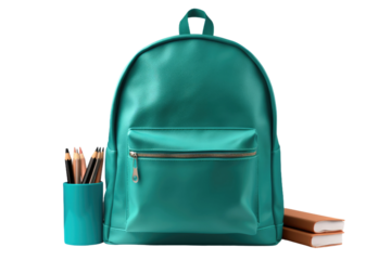 A green backpack is placed beside a pencil holder on a surface. on a White or Clear Surface PNG Transparent Background.