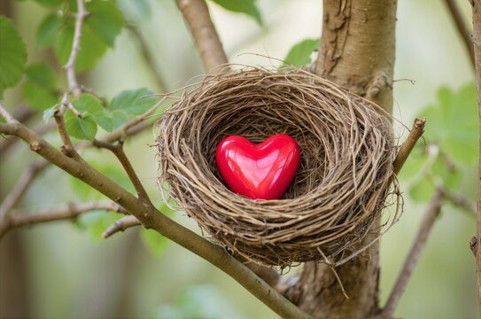 A birds nest with a red love heart resting in a tree