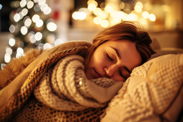 Detailed View of Woman with Cold, Wrapped in Scarf, Lying on Sofa in Warmly Lit Living Room - 742442564
