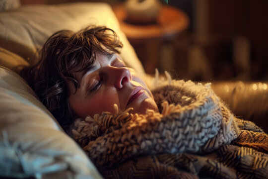 Early 40s Woman Battling a Cold, Wrapped in a Scarf, Lying on Sofa in Warmly Lit Living Room