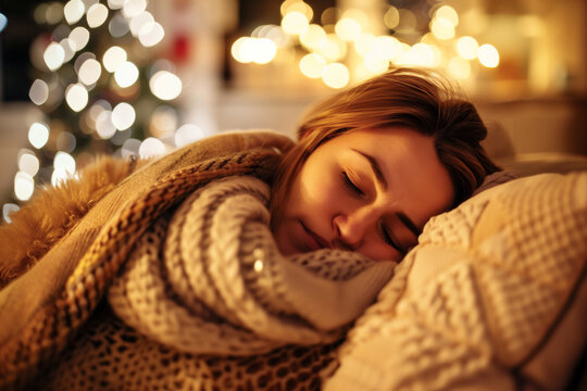 Detailed View of Woman with Cold, Wrapped in Scarf, Lying on Sofa in Warmly Lit Living Room