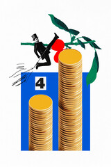Poster. Modern aesthetic artwork. Business man in retro attire jumping to higher stack of coins...