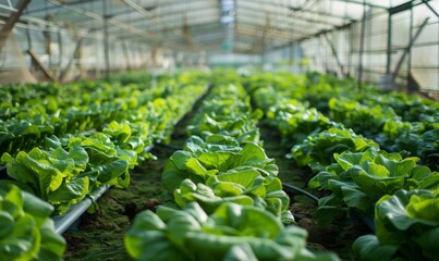 lettuce growing in a large industrial greenhouse in gutters on racks on hydroponics.hydroponic farming and agriculture concept
