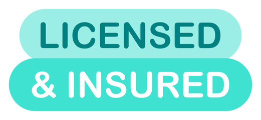 Licensed and insured blue banner. Legal, law, official, insurance company, license, certificate, approved, tax, home, property, health, announcement, advertising. Vector illustration