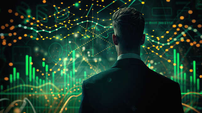 Businessman stands in front of a graph. Analyzing financial growth and strategy for corporate success with confidence and leadership in the modern digital era