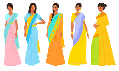 Indian women wearing saree vector illustration. Indian traditional clothing