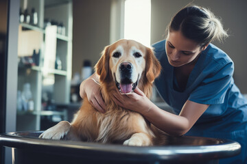 A dedicated veterinarian in a clinic attentively examines a cooperative Golden Retriever, ensuring its health and well-being..