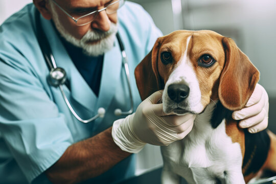 An experienced veterinarian in blue scrubs is performing a routine examination on an attentive Beagle in a vet clinic setting.
