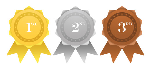 Medals with ribbons for winners. Gold, silver, bronze, prizes, competitions, badge, win, sports, Olympics, honorable first place, second, third, stars, award, trophy, nomination. Vector illustration