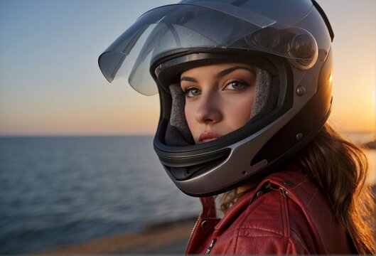 Portrait of a young woman wearing a helmet and red leather jacket at sunset