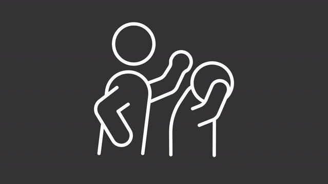Animated smacking abuse white icon. Psychological harassment line animation. Domestic violence, maltreatment. Isolated illustration on dark background. Transition alpha video. Motion graphic