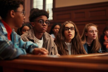 A group of diverse teenagers in a courtroom setting, facing a judge with expressions of hope and anxiety, a concerned lawyer by their side, engaging in a crucial conversation about their future