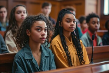 A group of diverse teenagers in a courtroom setting, facing a judge with expressions of hope and anxiety, a concerned lawyer by their side, engaging in a crucial conversation about their future - obrazy, fototapety, plakaty