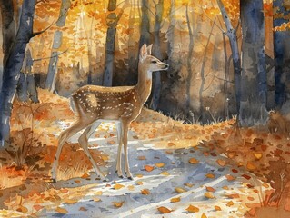 Ancient woodland path, deer shadows amidst autumn leaves, watercolor journey