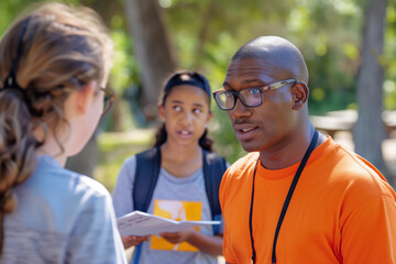 A community outreach program in action, with volunteers and professionals engaging with young individuals in an outdoor setting, offering guidance, support, and educational materials