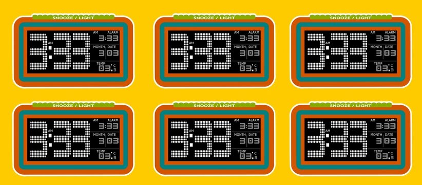 A set of six colorful Digital Clock showing time , date, temperature and alarm time. it is showing 3 pass thirty three in the morning 