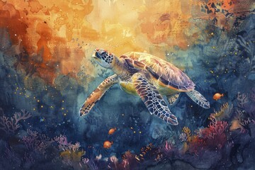 Coral reef life, turtle shadow through watercolors, underwater mosaic