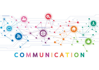 Vector illustration of a communication concept. The word communication with colorful dialog speech bubbles