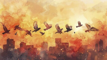 Urban dawn light, pigeon outlines against cityscape, watercolor fusion
