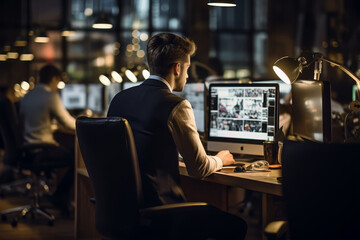 A businessman in a suit attentively reviews complex data across several monitors in a dark, modern office.