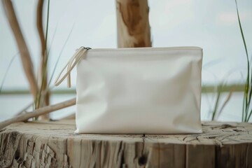 Obraz premium white makeup bag decorated with a black floral design rests on a moss-covered tree trunk dappled with sunlight