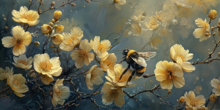 Early spring garden, bee shadows over fresh blossoms, watercolor rebirth
