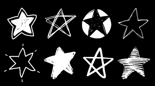 Set of white doodle style stars drawn by hand. Grunge scrawls, chalk scribbles, rough brush strokes, underlines. Bold charcoal freehand stars. Crayon or marker scribbles