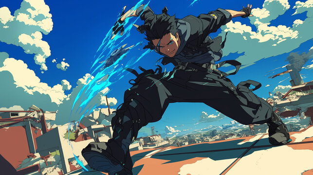 anime man poses in cool fighting action