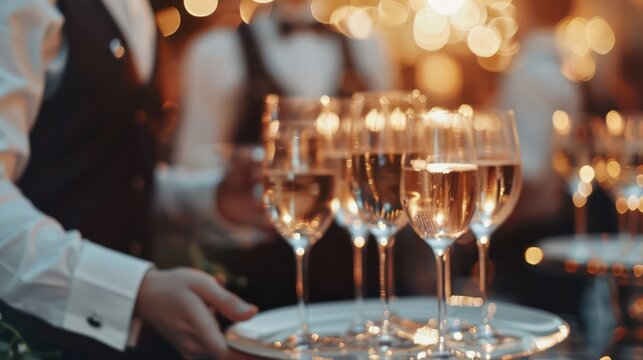 Catering service waiters with wine glasses at the event's buffet table. Capturing the essence of nightlife, celebration, and entertainment. Wide banner format