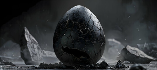 A black dragon egg, cracked, egg pieces, the egg surface is made by dragon scales, hyper realistic, photorealistic, cinematic