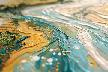 Detailed view of artwork showcasing serene water and vibrant landscape scene. Concept Landscape Art, Serene Water, Vibrant Colors, Detailed Work, Artistic Vision