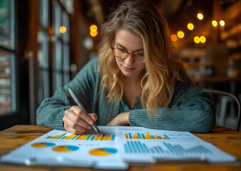 Fototapeta premium Businesswoman working on chart sheets and showing her confident, business and cooperation concepts.