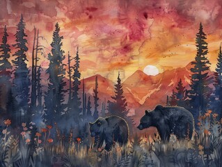 Mountains at dusk, foraging bear silhouette, watercolor twilight hues