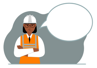 A female builder in a white helmet and vest, next to a white bubble of thoughts. Plans, thoughts, places, strategies.