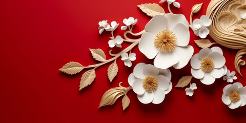 gold floral white flowers on red background, white and gold floral pattern ,  enchanting floral shapes and luxurious red silk texture