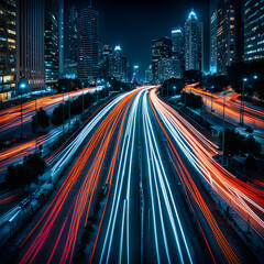 Fototapeta na wymiar Long exposure traffic flow, city night scene, curved colored lights, logistics technology feel 