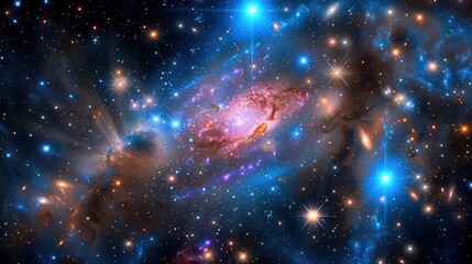 Cosmic nebulae and stars glow with light from a radiant galaxy, creating a magical shimmer of vibrant colors across the cosmos