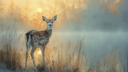 Dawn over spring meadow, silhouette of deer in morning mist, awakening in watercolor