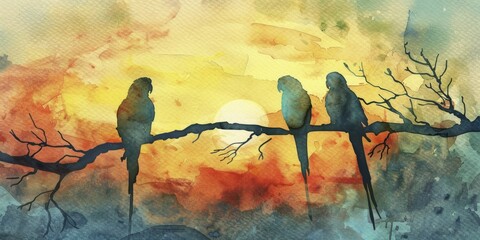 Tropical dawn, parakeet silhouettes in morning glow, watercolor awakening - obrazy, fototapety, plakaty