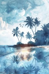 Fototapeta premium Lagoon in tropics, silhouette of fish in clear waters, paradise in watercolor