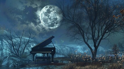 A Piano and Full Moon Painting